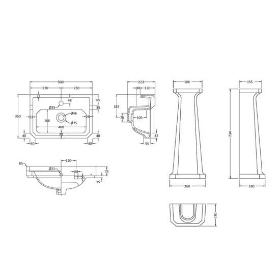 Hudson Reed Richmond 500mm Basin and Comfort Height Pedestal (1 Tap Hole) CCR032 #2