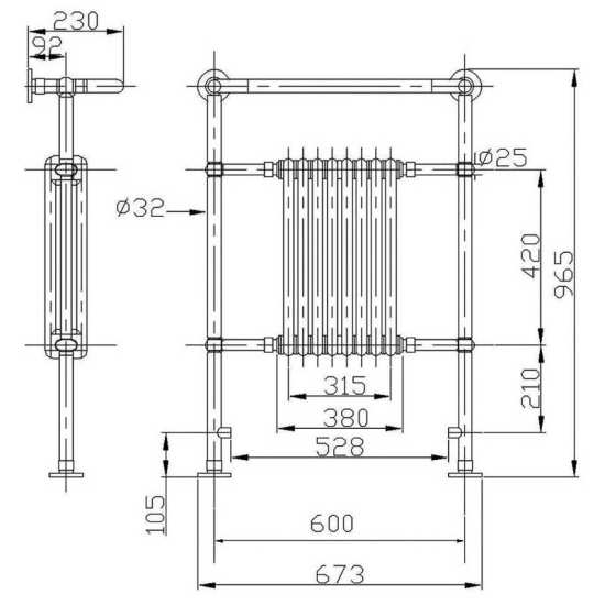 Hudson Reed 965 x 673mm Heated Towel Rails Harrow Traditional Radiator MTY022 #2